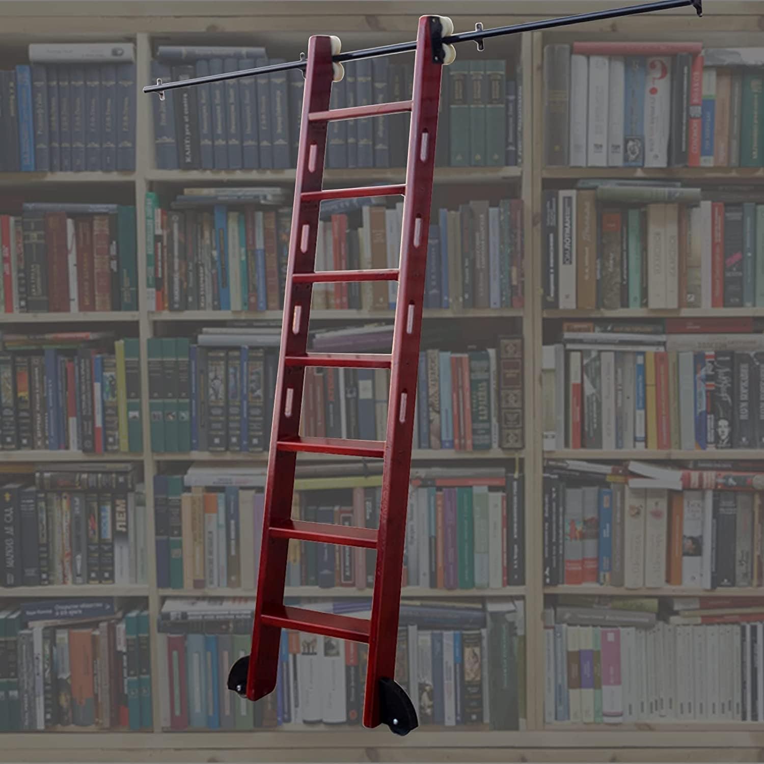 Rolling Ladder Hardware Kit 3.3Ft-20Ft Black Round Steel Rolling Ladder Hardware Library Sliding Ladder Hardware Kit Black Track/Rail + Floor Roller Wheels/20Ft/600Cm Tr，13ft/400cm Track Kit