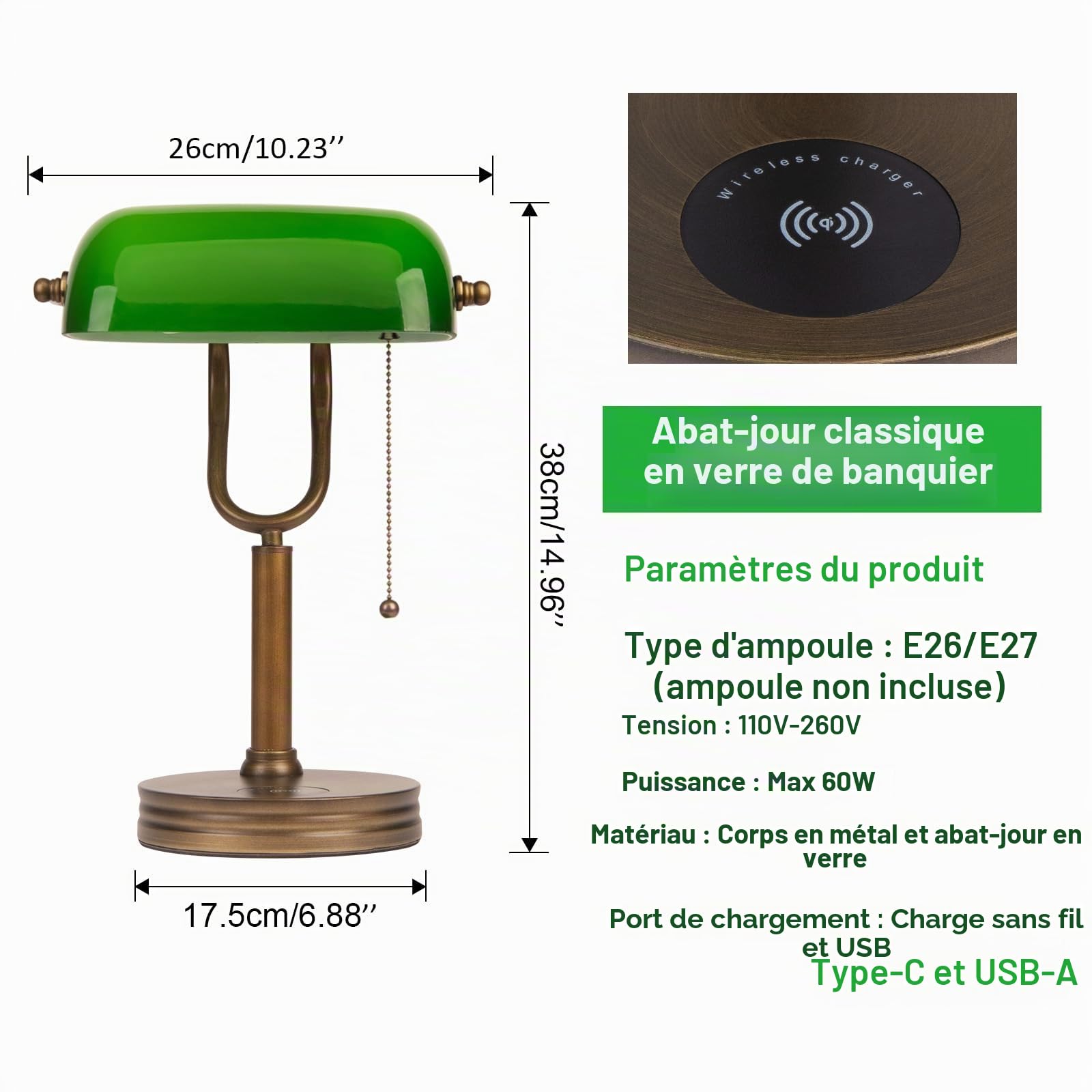 Lampe Banquier Verte, Lampe de Bureau Vintage avec Chargeur Sans Fil et Port USB, Lampe de Table pour Bureaux Bibliothèques Salles D'études et Lampe de Chevet