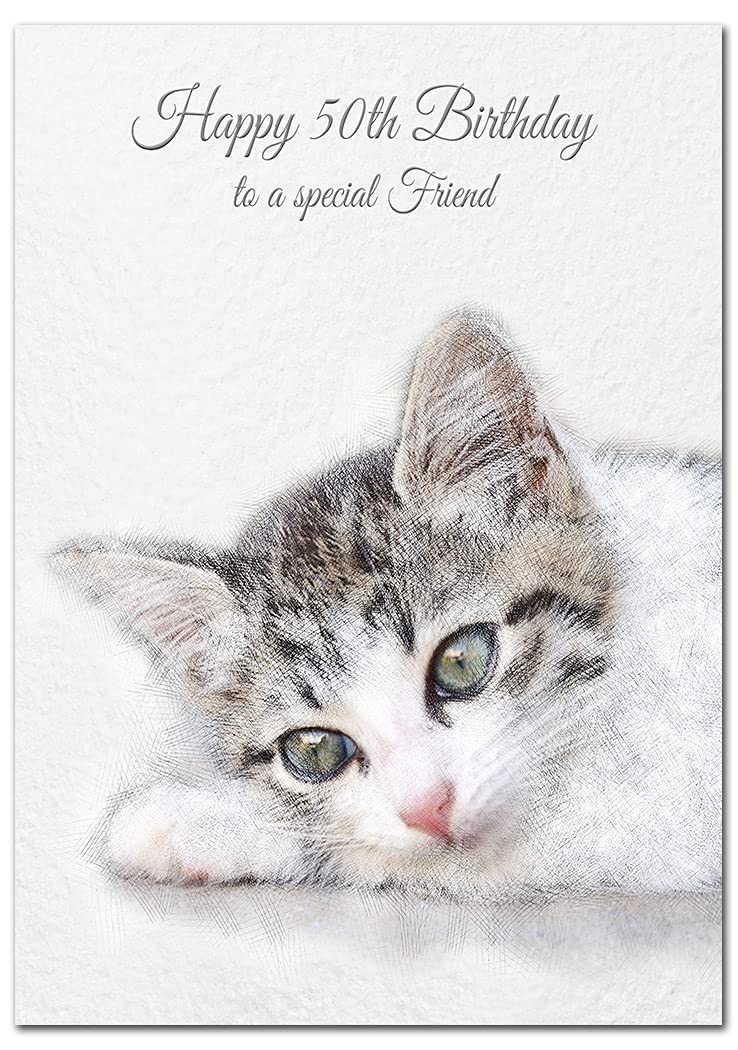 Extra Large Friend 50th Birthday Card - XL Big thick A4 size - Special Age Year Greeting Her Women Female - Beautiful Art Cute Cat Kitten Watercolour - Nice Huge Happy Wishes UK Eco-Friendly