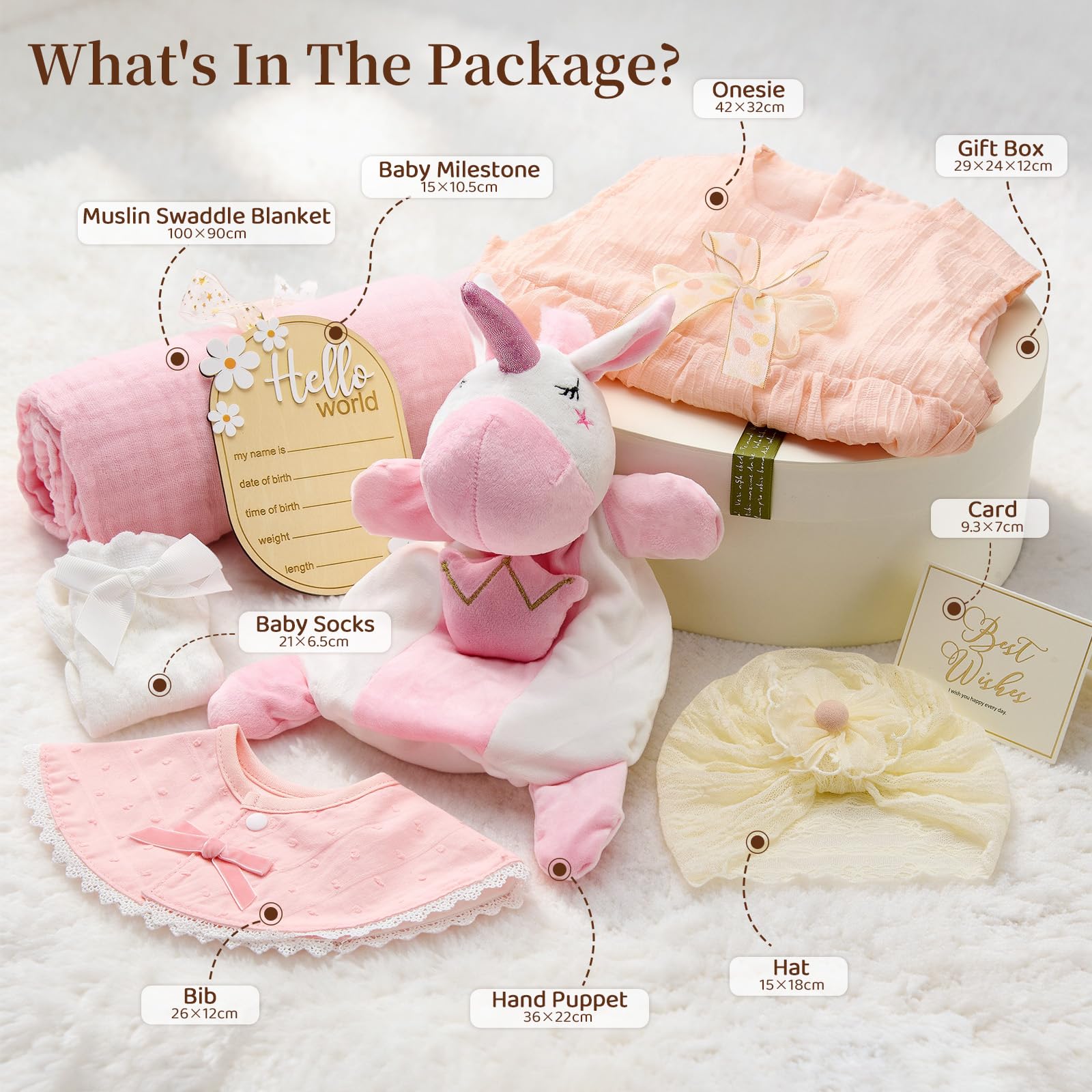 vamei Newborn Baby Girl Gift Hamper Set including Gift Box Onesie Hand Puppet Blanket Bib Milestone Hat Socks Card - Image 3