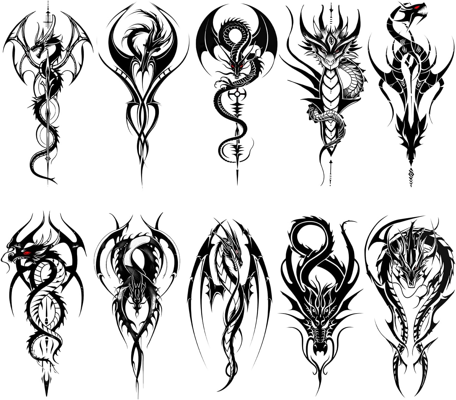 AWLEE Temporary Tattoos for Adults, Women & Men – 10 Sheets Realistic Dragon Fake Tattoos, Long Lasting Waterproof Tattoo Stickers, Tribal Arm Sleeve Style Body Art