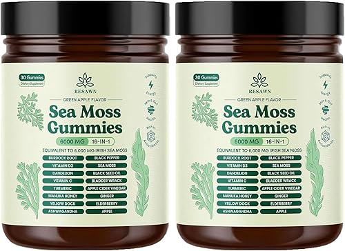 Gomitas de musgo marino 16-1, aceite de semilla negra, Ashwagandha, cúrcuma, vejiga, vitamina C, vitamina D3, saúco, manuka, diente de león, muelle