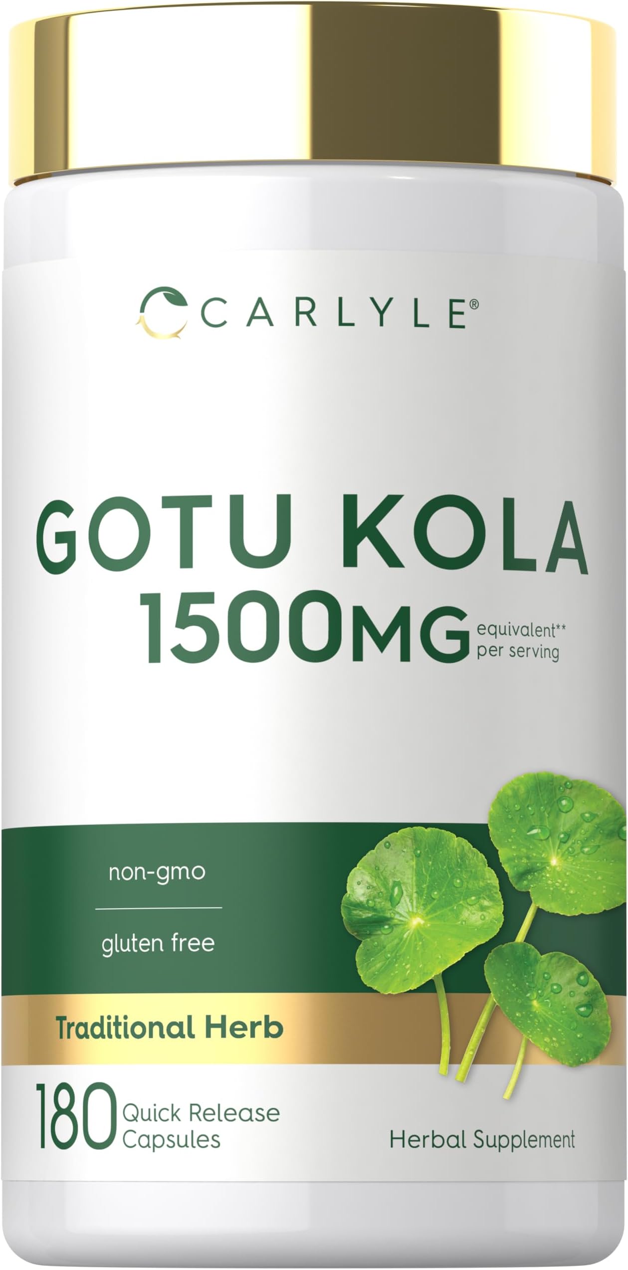 Gotu Kola Capsules 1500mg | 180 Count | Non-GMO, Gluten Free | Traditional Herb Extract | by Carlyle