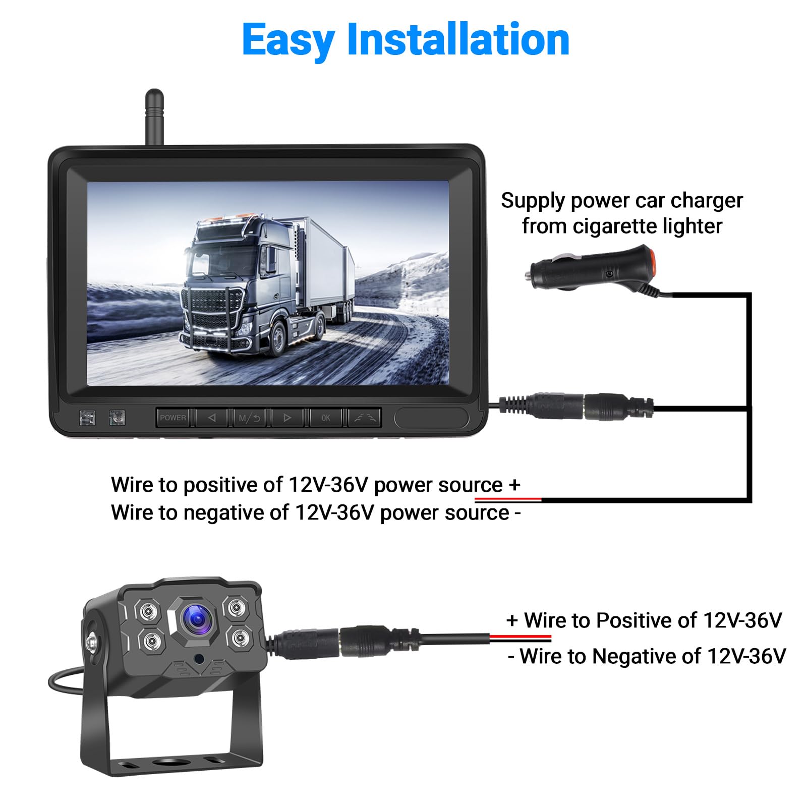 Hikity Cámara de Marcha Atrás Digital Inalámbrica 1080P Kit de Monitor 7'' | Cámara Trasera de Coche Monitor IPS Cámara de Aparcamiento IP68 Impermeable Visión Nocturna para SUV Camiones 12-36V