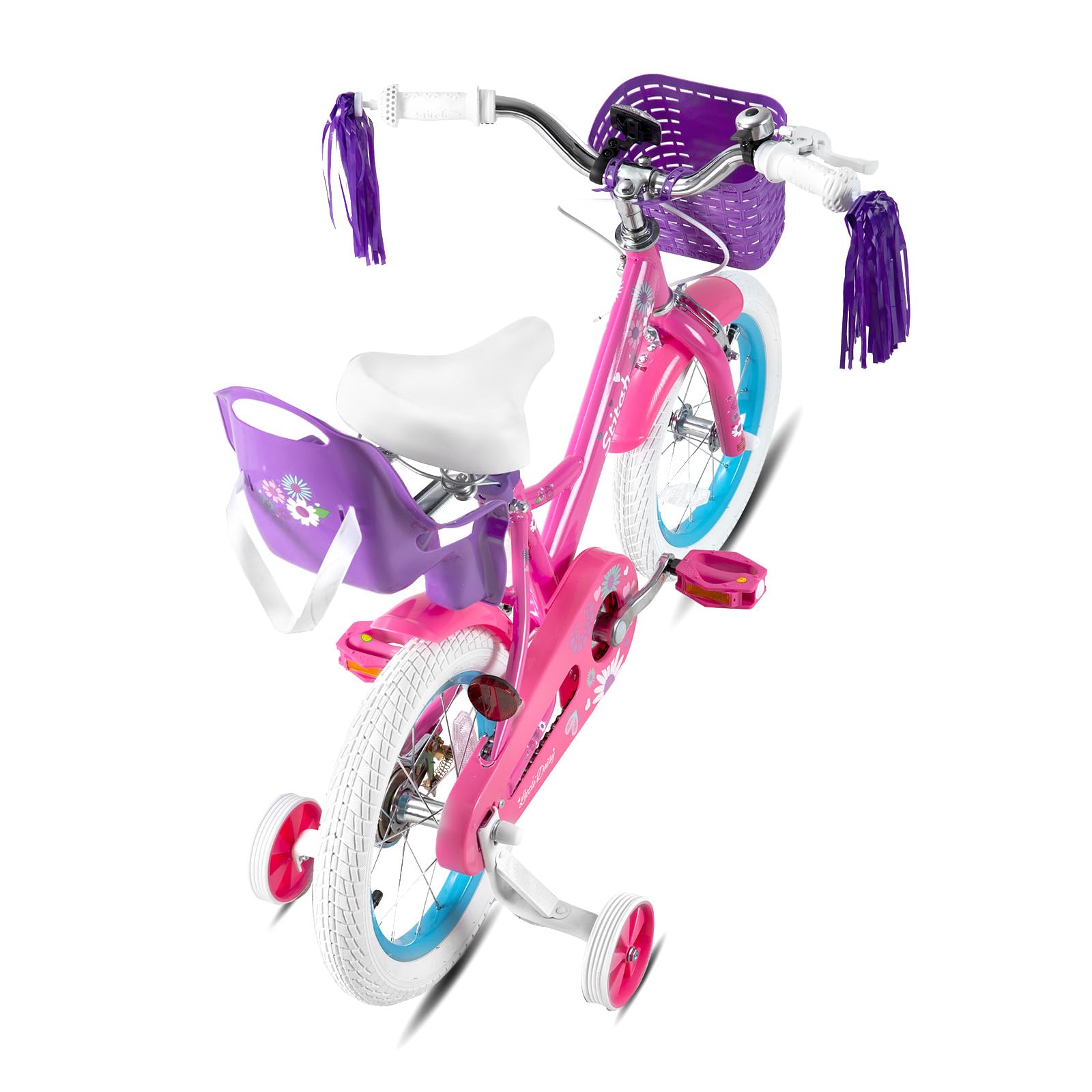 STITCH Little Daisy - Bicicletta per bambini da 3 a 5 anni, 14 pollici, con ruote di supporto con cestino e stelle filanti, colore: Viola