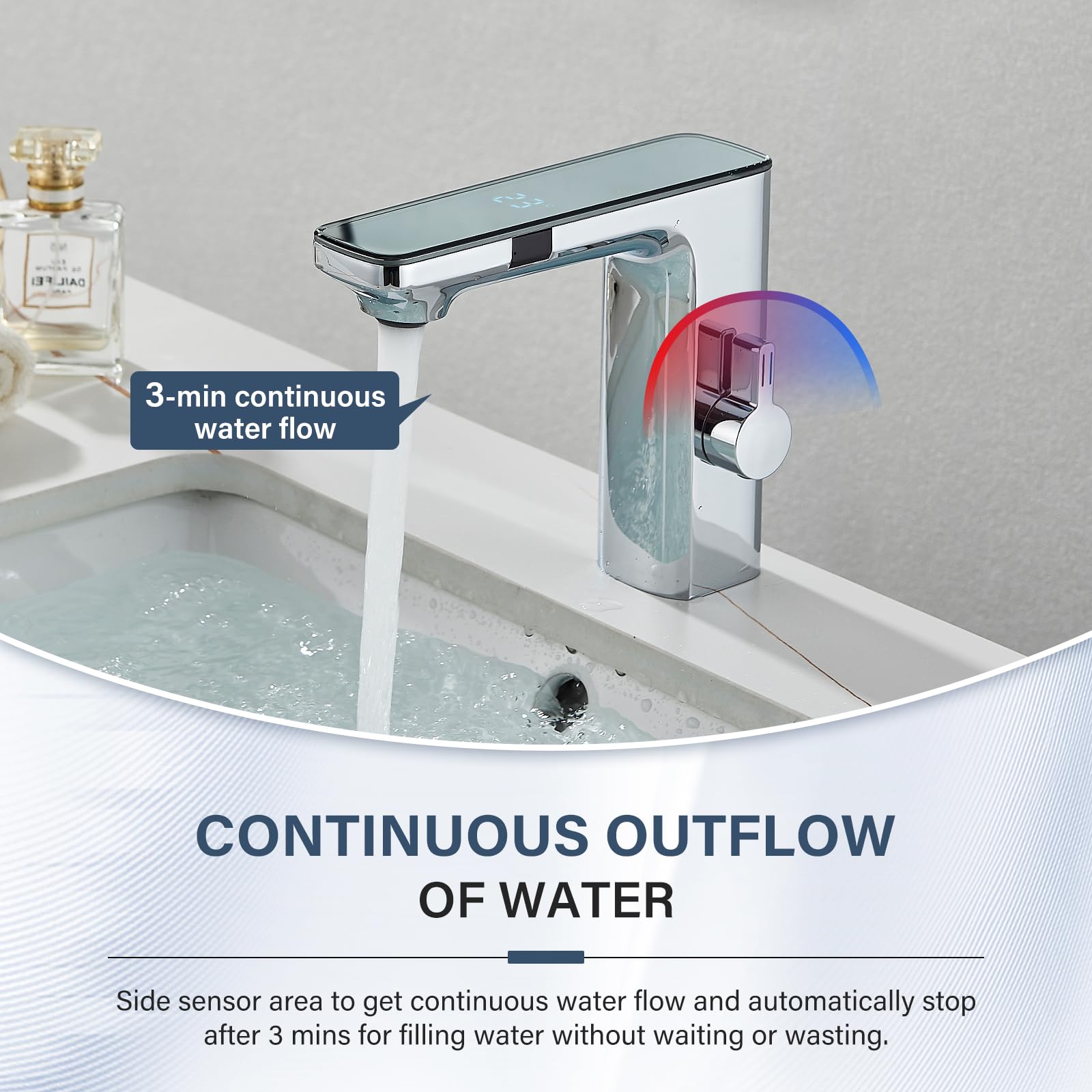 Robinet Automatique Sans Contact pour Salle de Bain en Laiton Alimenté par Piles Activé par le Mouvement Mains Libres avec Boîtier de Contrôle Chrome