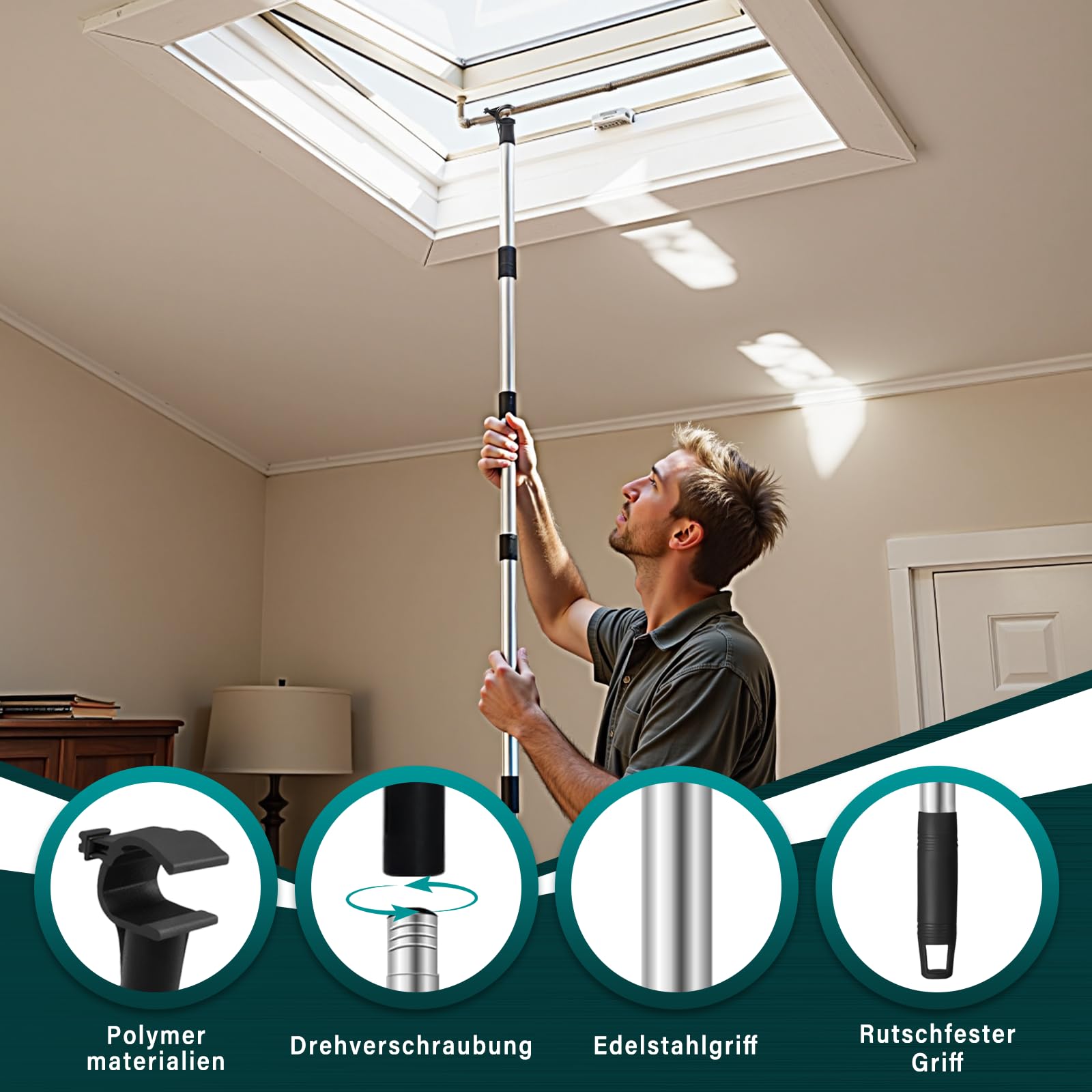 Asta Telescopica per Lucernario Velux GGL/GGU 185 cm Acciaio Inox Gancio Universale
