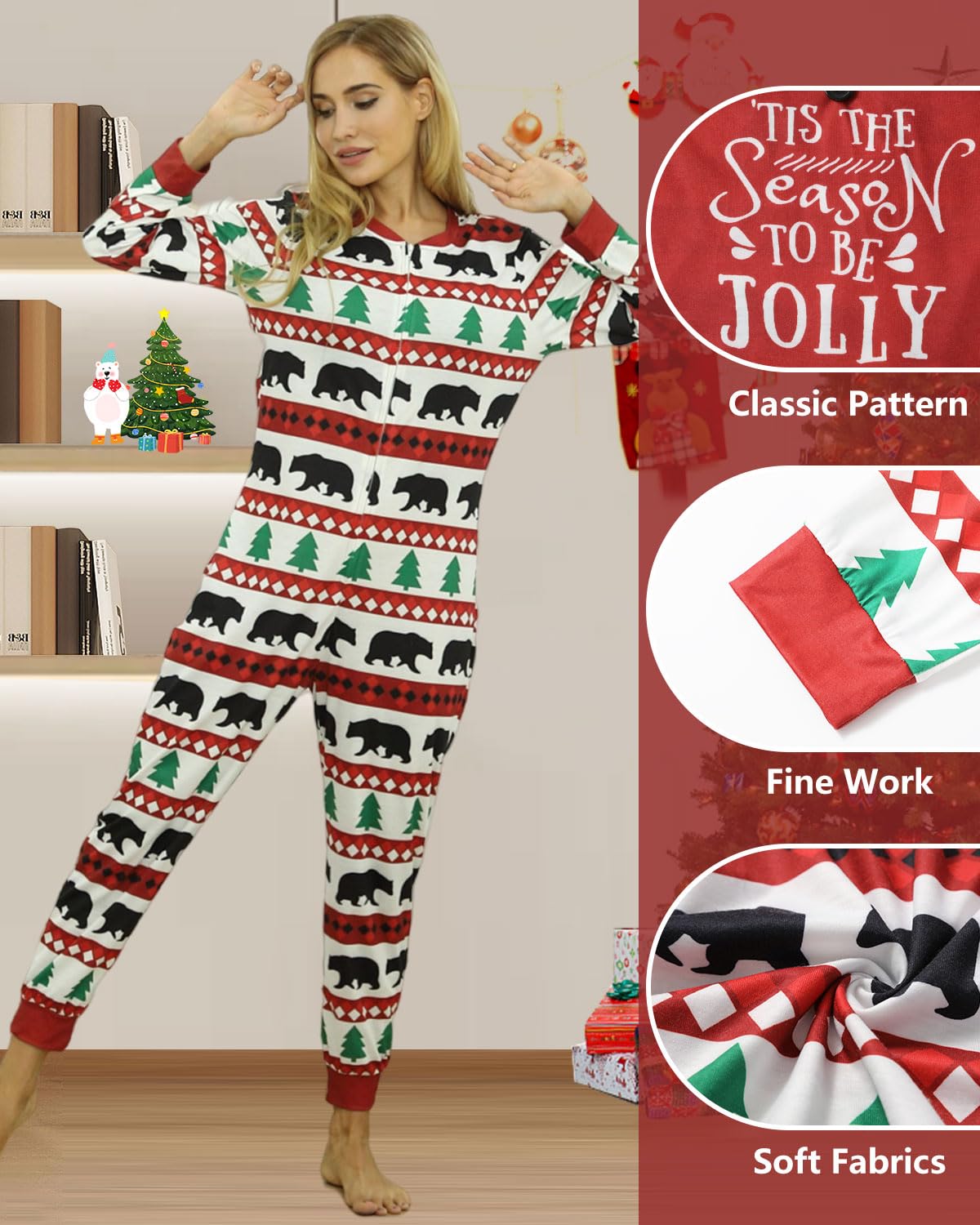 Kouric Pigiama Natale Famiglia Famiglia Donna Festive Christmas all in One Hood Onesie, Pigiama Natalizio Donna Jumpsuit, Onesies One Pezzi Natale Pigiama Famiglia Set per Donna