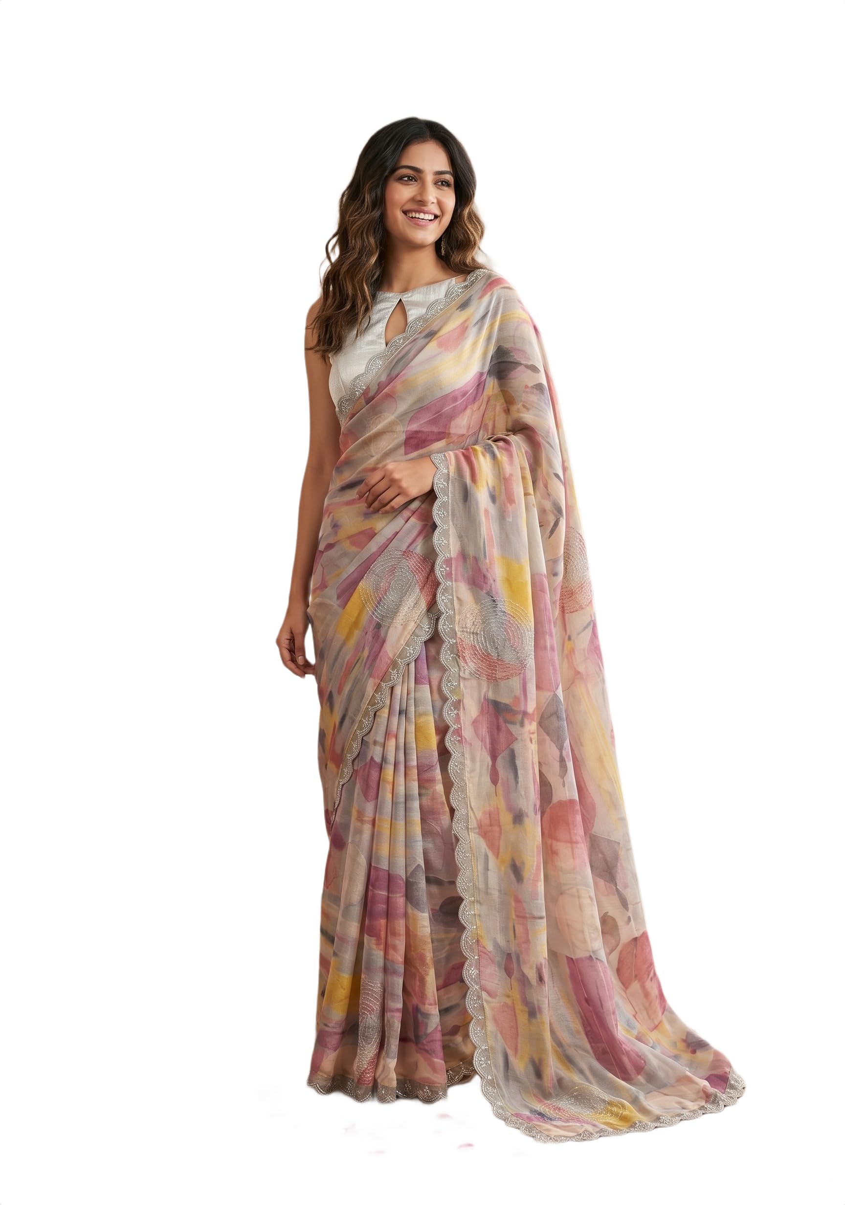 Rekha Maniyar Women's Georgette Abstract Printed Scalloped Saree With Swarovski Work-picture-41