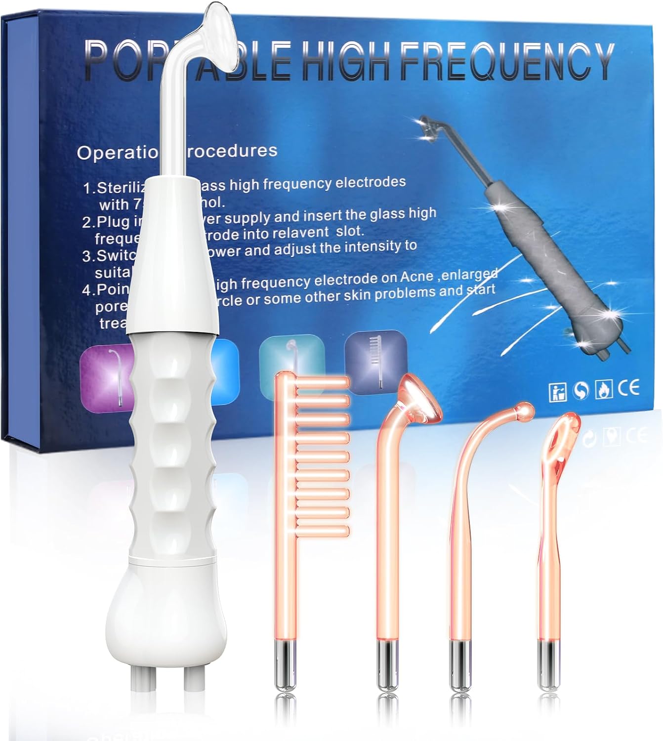 High Frequency Stick Face Portable Hand Electrode Stick Glass Tube Skin Therapy Device with 4 Electrodes Aesthetic Facial Care - Acne Treatment - Skin Tightening - Wrinkle Reduction