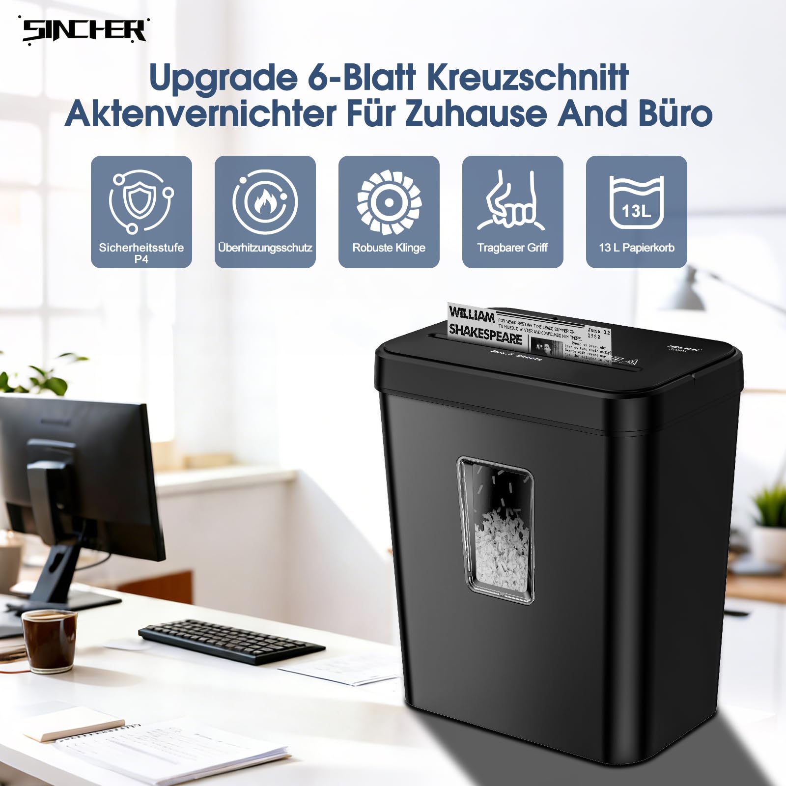 Aktenvernichter, 6-Blatt Kreuzschnitt Papierschredder mit P-4 Geheimhaltungsstufe, 13L Papierkorb mit Sichtfenster und Tragegriff, zerkleinert Kreditkarte, Überhitzungsschutz für Home Office(Schwarz)
