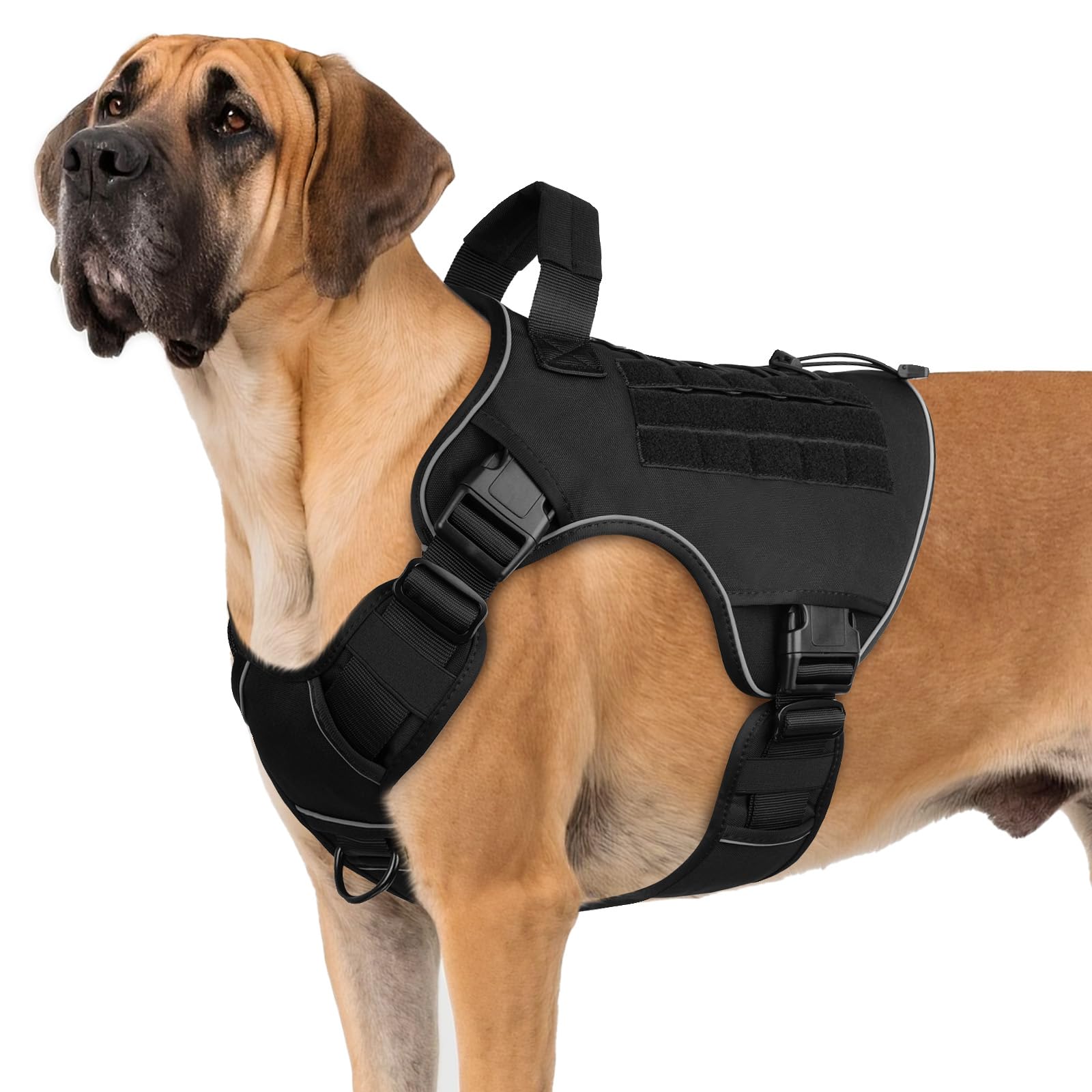WINGOIN Arnés táctico para perros extragrandes, arnés resistente sin tirones con asa, chaleco militar K9 reflectante ajustable para gran danés, caminar, entrenar, cazar, color negro (XXL)