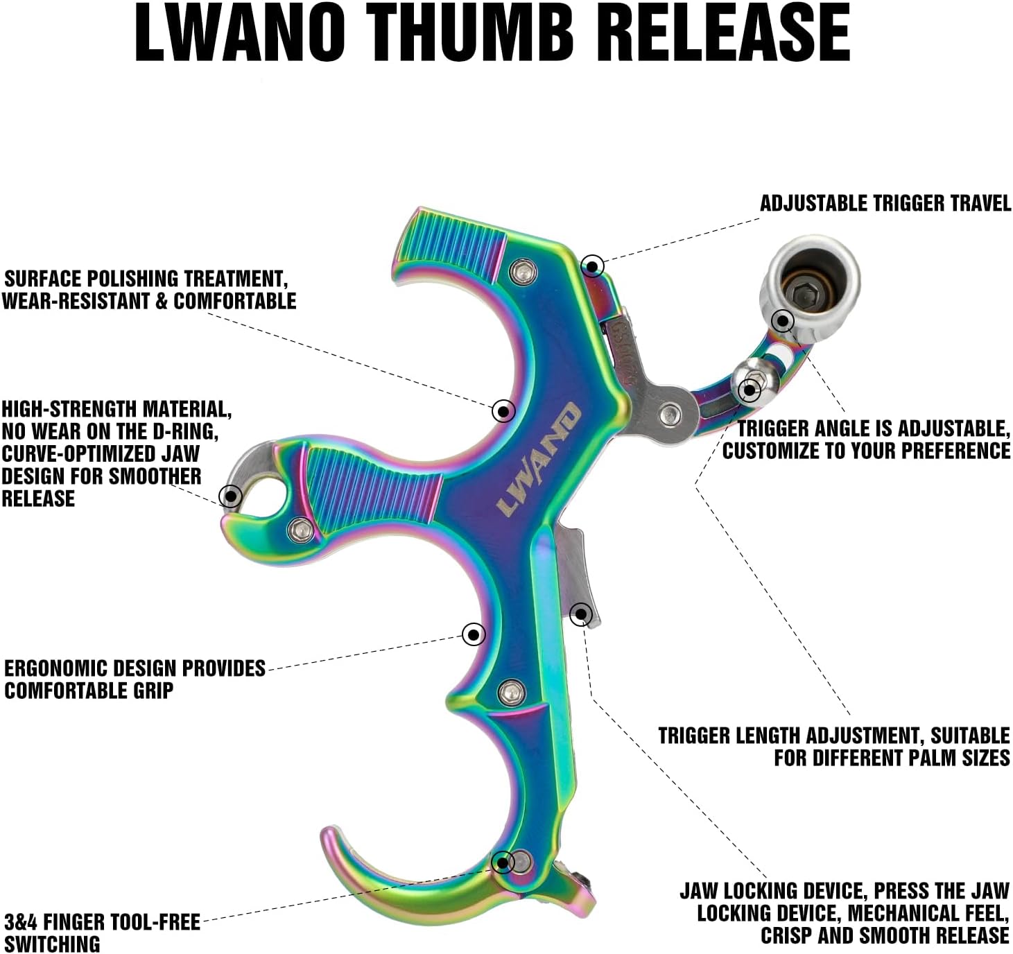 LWANO Thumb Bow Release - 3&4 Finger Adjustable Archery Compound Bow Release Aid, with Trigger Travel and Pressure Adjustable