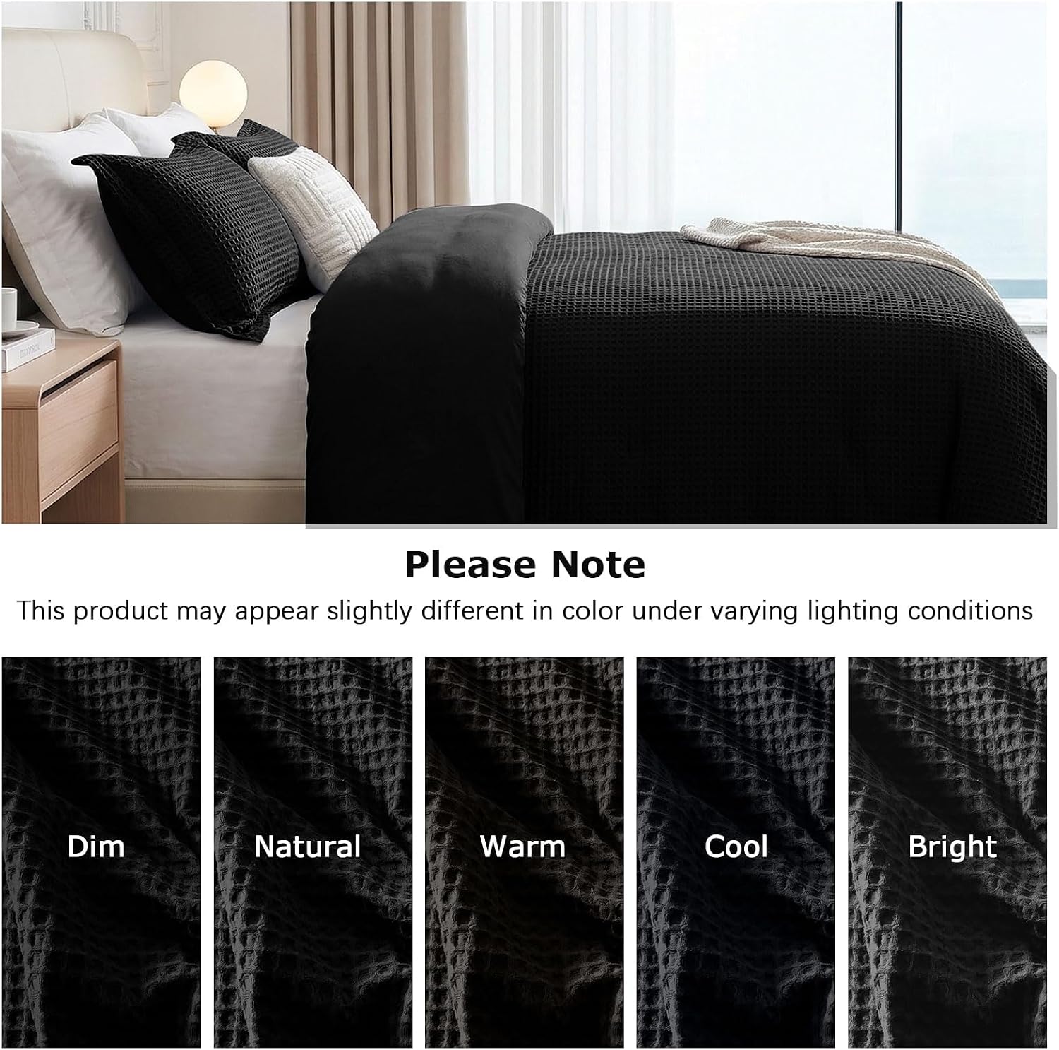 Waffle Weave 100% Cotton Twin Size Duvet Cover Set,Black image 5