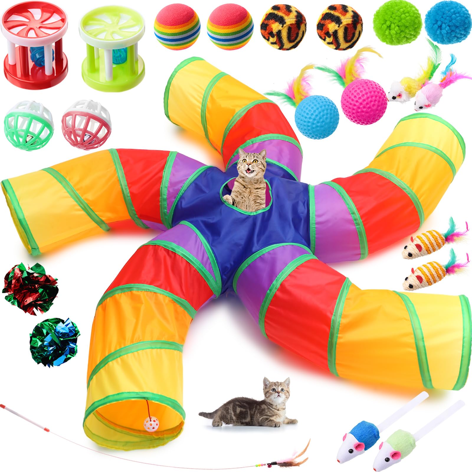 Poen Juego de 21 juguetes para gatos con túnel plegable de 5 vías para gatos de interior y 20 juguetes interactivos de plumas para gatos, bolas arrugadas, tubo grande para cachorros, gatitos, conejos