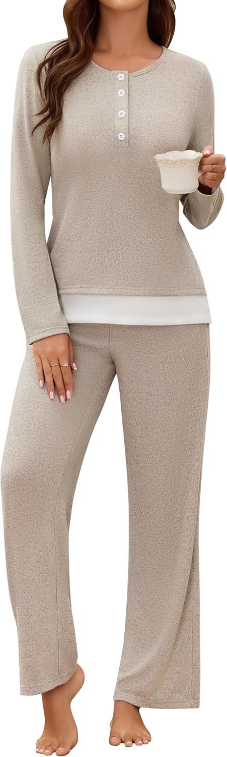 Blooming Jelly Women 2 Piece Pajama Set Button Up Color Block Soft Fall Lounge Sets Wide Leg Pants Sleepwear Pockets