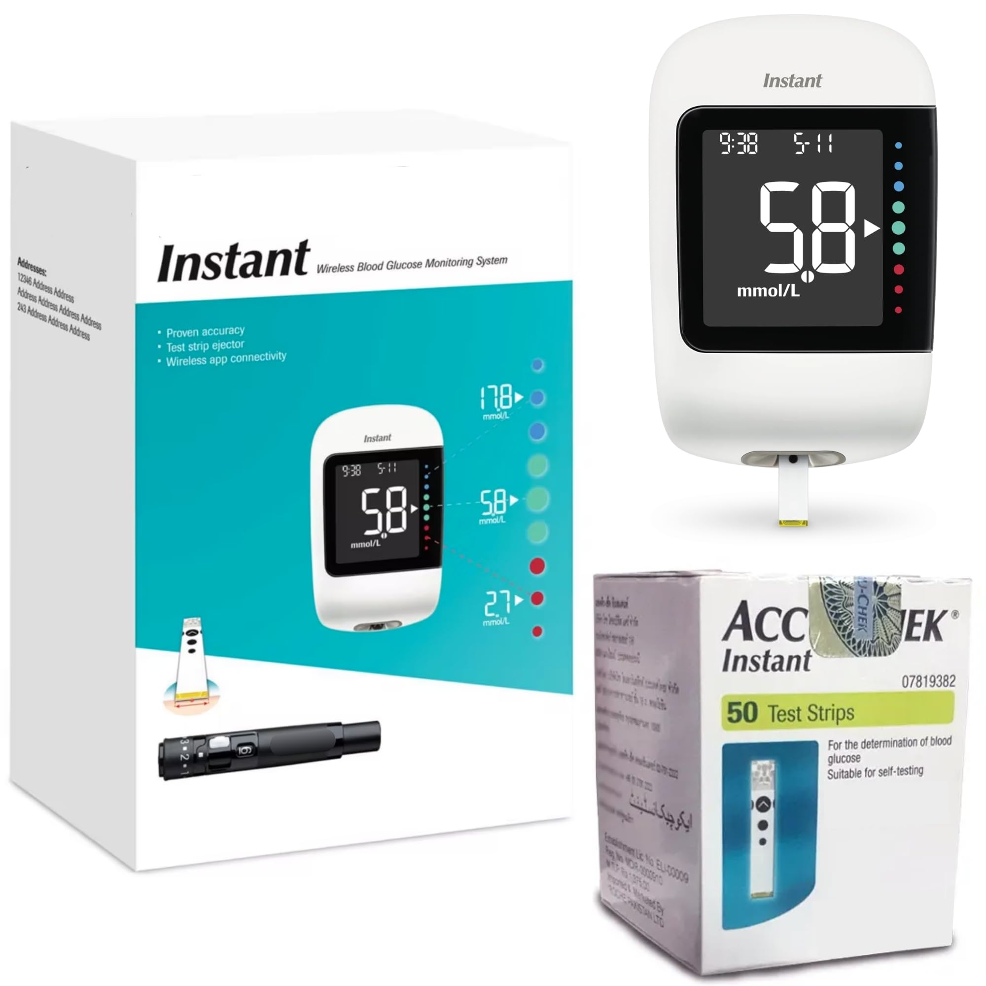 Instant Blood Glucose Monitor MMOL/L (Acc Chek) | Includes Genuine Instant Monitor + 60 Pack Instant Test Strips | Diabetes Blood Glucose Meter System | Complete Starter Kit Bundle