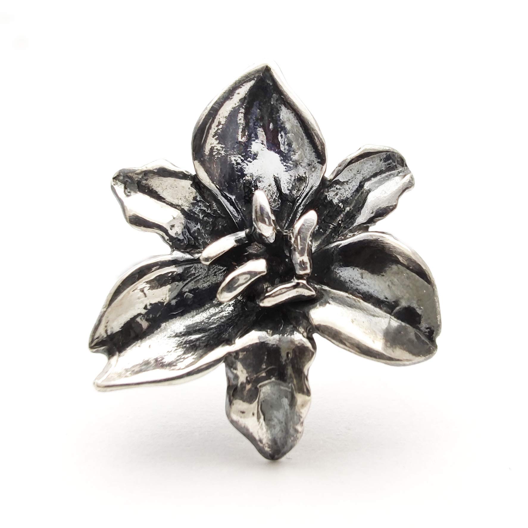 ANILLO AJUSTABLE para MUJER en PLATA 925 envejecida, en forma de flor de lirio realista tridimensional.