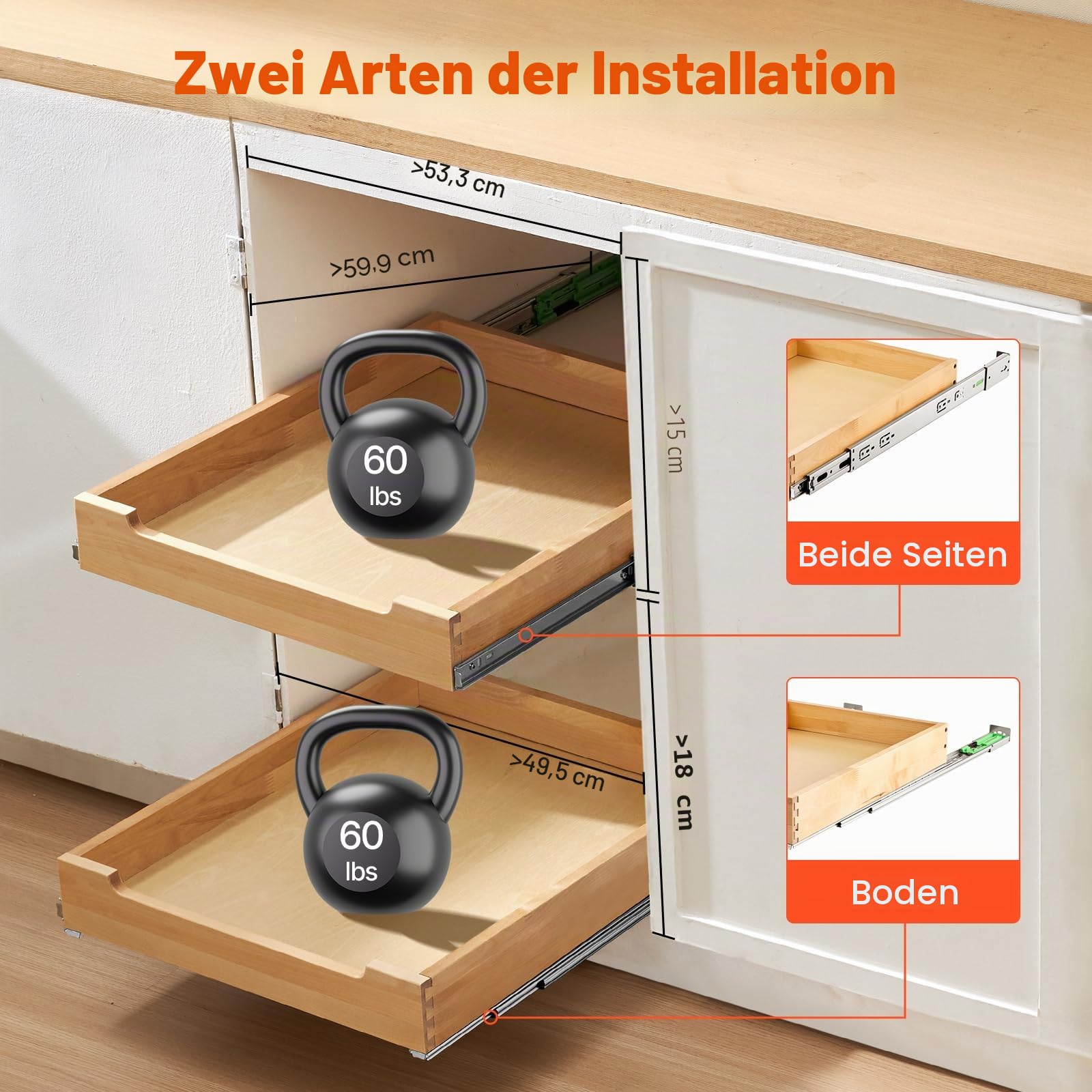 VEVOR Ausziehbarer Schrank-Organizer Schrankschublade Regal (508 x 533 x 76 mm) mit sanftem Schließmechanismus, Holz-Schiebeschublade Unter- und Seitenmontage, für Küche Speisekammer Badezimmer