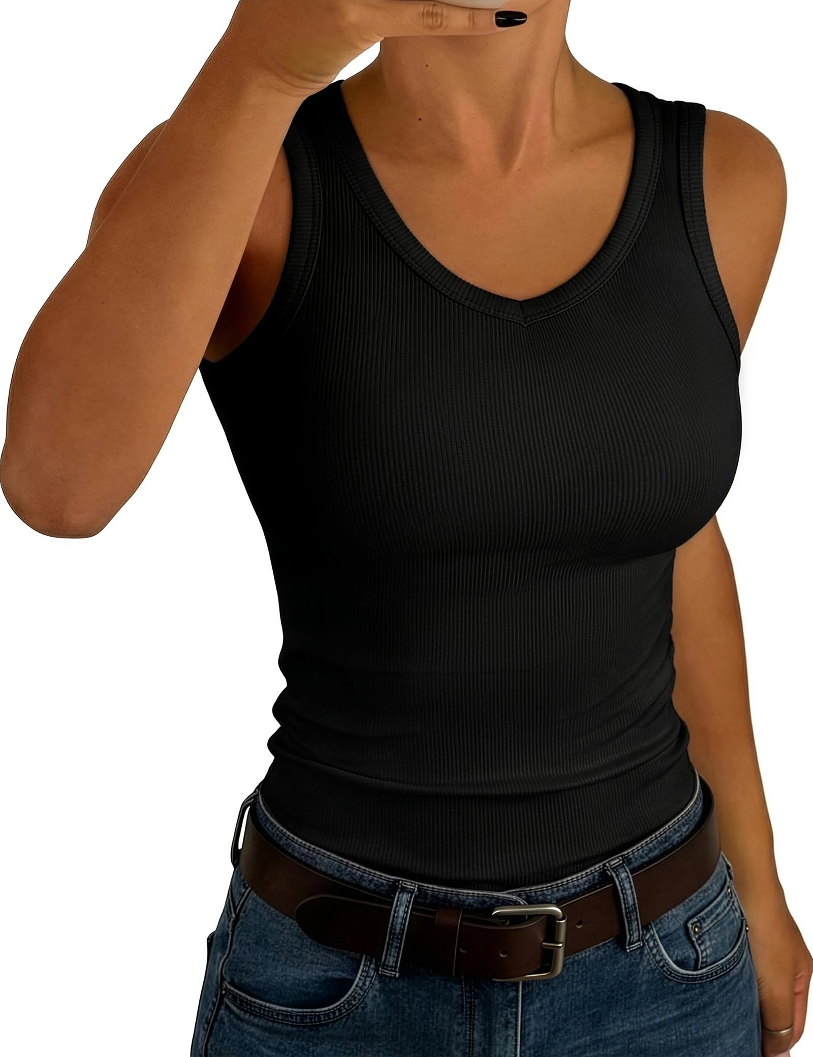 Aottori Tank Top Damen V-Ausschnitt Sommer Oberteile Ärmellos Gerippt Slim Fit Tanktops Sexy Stretch Basic Unterhemd Casual Einfarbig