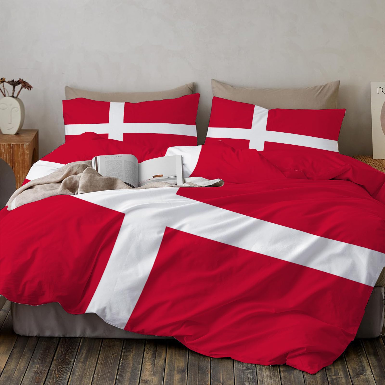 Housse de couette 240x260cm Danemark imprimé patriotique rouge blanc avec taie d'oreiller