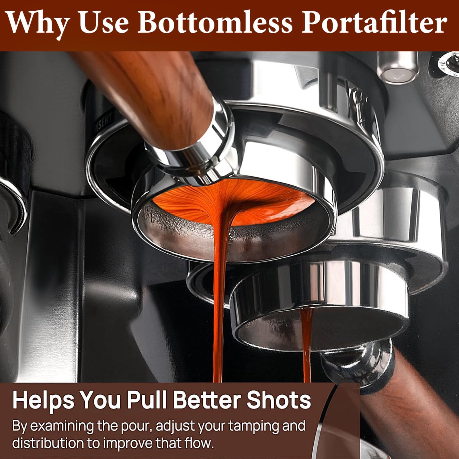 Portafiltro sin Fondo de Acero Inoxidable de 51 Mm con Agarre de Madera para Entusiastas del café en el Hogar Compatibilidad Universal