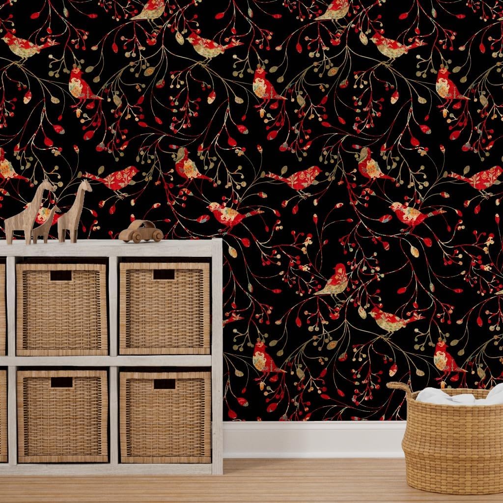Peel & Stick Wallpaper 6ft x 2ft - Christmas Floral Red Birds Branches Winter Bird Holiday Berries Botanical Tree Branch Black Gold Custom Removable Wallpaper by Spoonflower