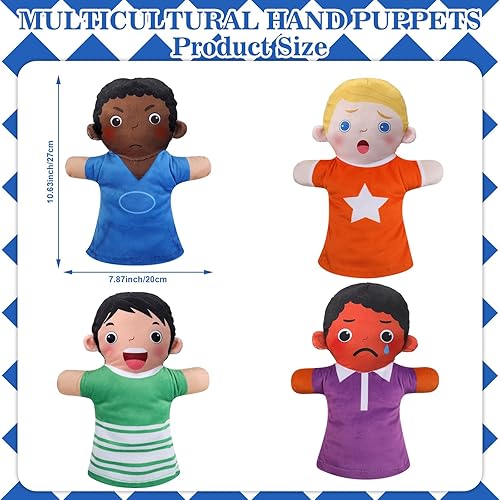Miniatura 9 de Poen Juego de 8 títeres de mano para niños, títeres de mano multiculturales a granel de felpa suave para niños pequeños, aprendizaje de interacción
