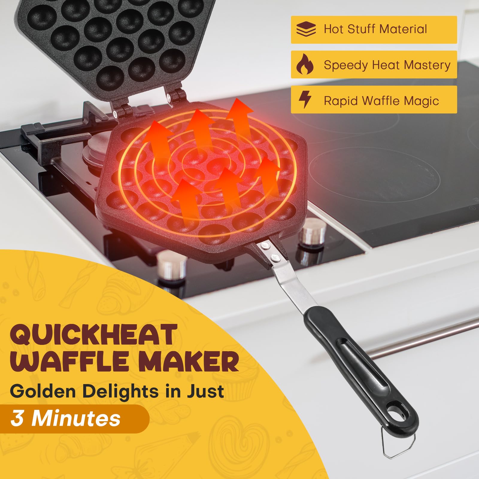 Molde para hacer gofres de burbujas, sartén de mano para gofres de huevo, aleación de aluminio, antiadherente, para hornear, para desayuno, almuerzo, hogar, cafetería, pastelería, restaurante 5