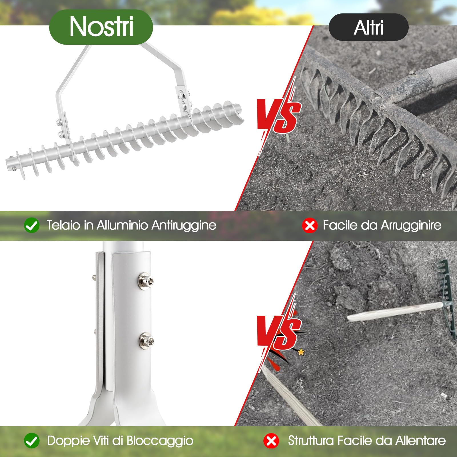 COSTWAY Arieggiatore per Prato 178 cm, Rastrello per Allentare Suolo da 50 cm in Alluminio con Manico Lungo e 19 Denti Curvi, Arieggiatore Manuale da Giardino e Cortile