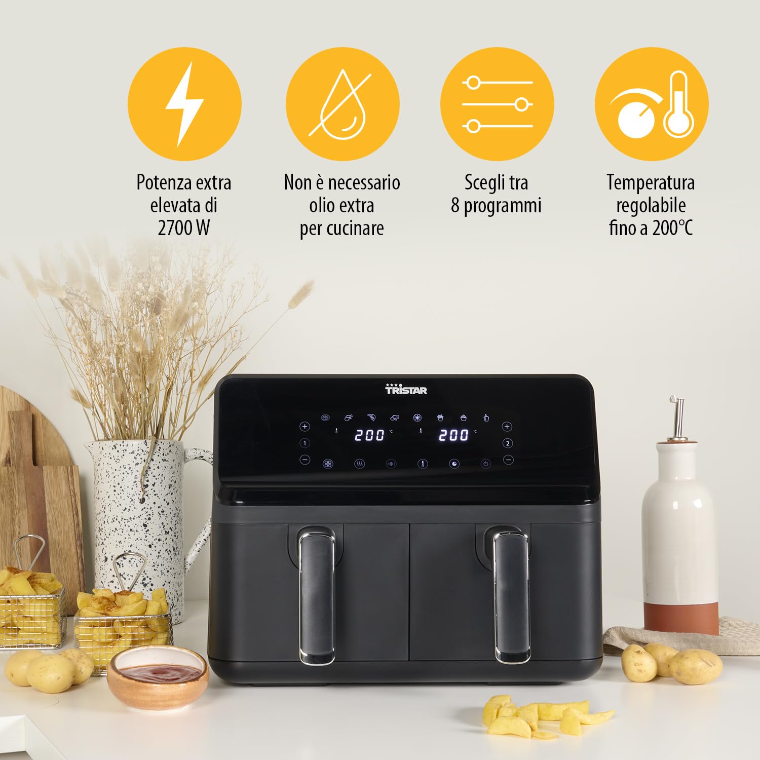 Tristar Fryer con doppio cestello - Capacità 2 x 4 L - 2700 W - 8 programmi - Temperatura per cestello regolabile