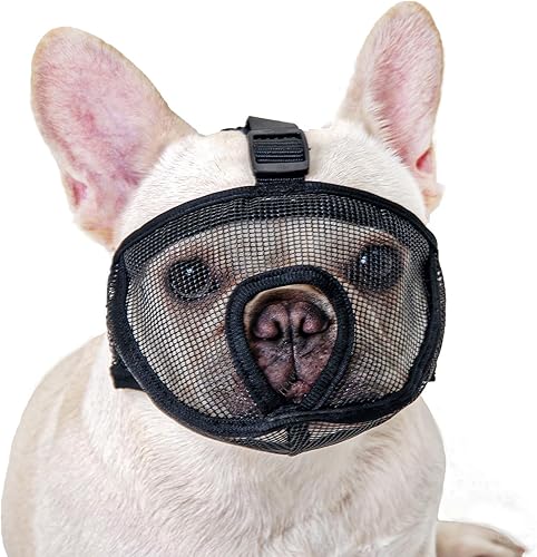 Ohcozzy Bozal corto para perro, bozal de malla Breathe Bulldog con hebilla ajustable, perro para morder ladrar y masticar (XL, negro)
