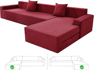 ZNSAYOTX Sectional Couch Covers, Stretch Jacquard Slipcovers with Elastic Bottom for L-Shape Sectional Sofa, 2 Pcs Pet Friendly Modular Sofa Protector (3 Seat Couch + 3 Seat Chaise, Wine Red)