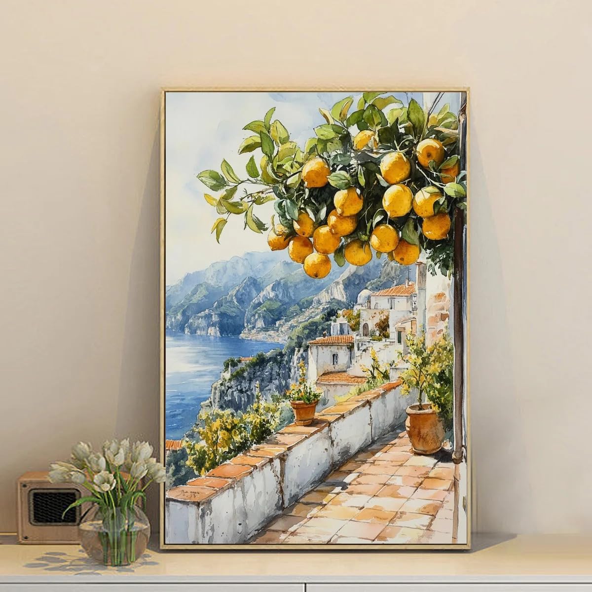 Dittelle Mediterranes Wandbild von der Amalfiküste, Zitronenbaum mit Blick auf ein italienisches Küstendorf, Heimdekoration (60 x 80 cm/Innenrahmen)