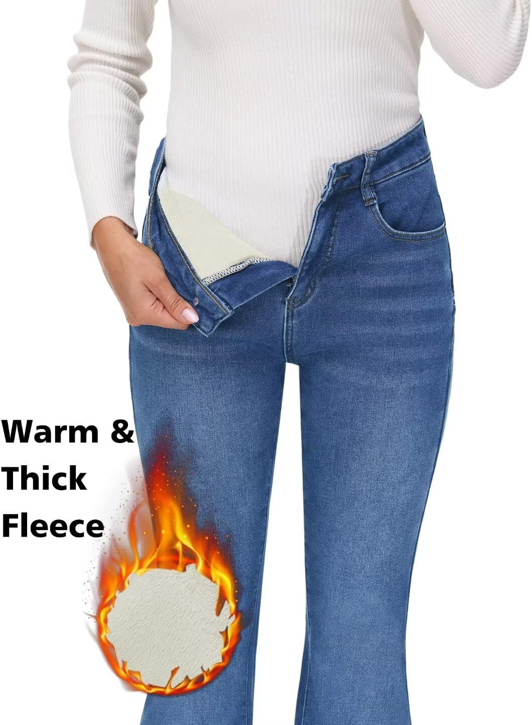 KDF Women's Flare High Waisted Bell Bottom Jeans - Thermal Fleece Lined Winter Warm Pants - Image 4