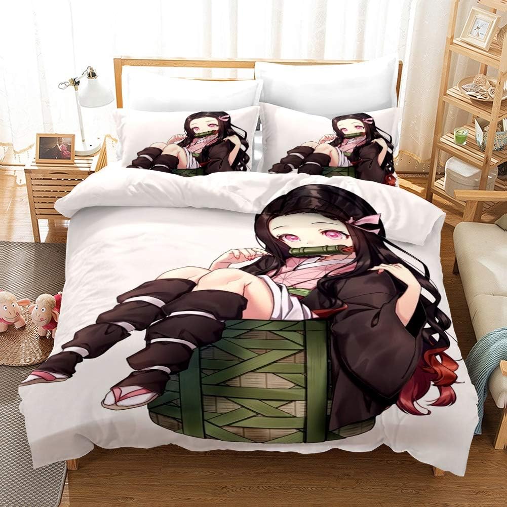 Fvfvfv Kimetsu No Yaiba:Kamado Nezuko,Lovely Sister,Three-Piece Bed Cover(1 Bed Cover 2 Pillow Cover),Japanese Popular Cartoons, Multiple Sizes to Choose from, Decompression, Best Gifts