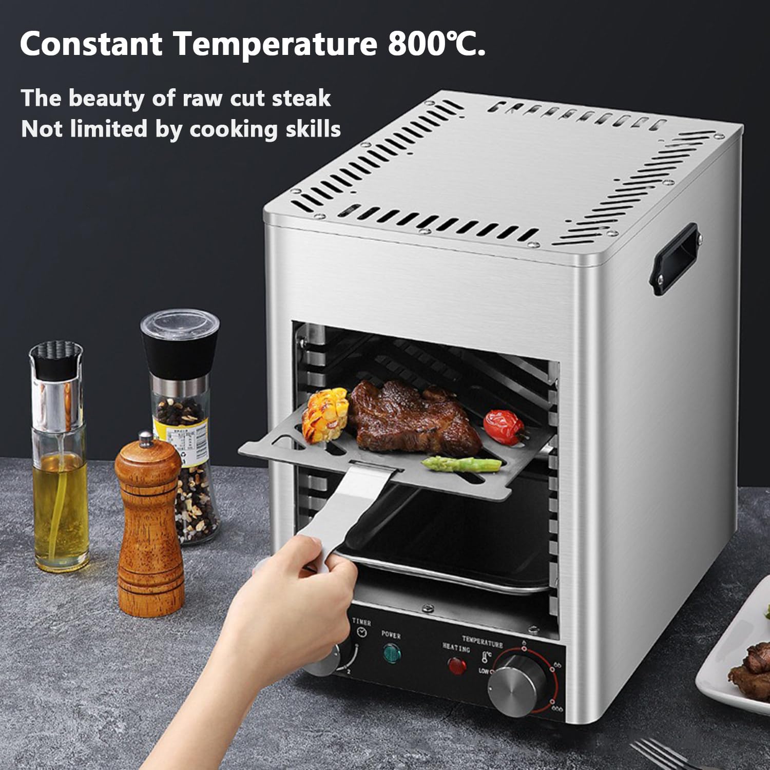 Horno Eléctrico Para Carne De 1700 W, Precalentamiento Rápido De 5,0 Min, Temperatura Máxima De 800 ℃, Temporizador De 0 a 10 Min, Tiempo Y Temperatura Ajustables