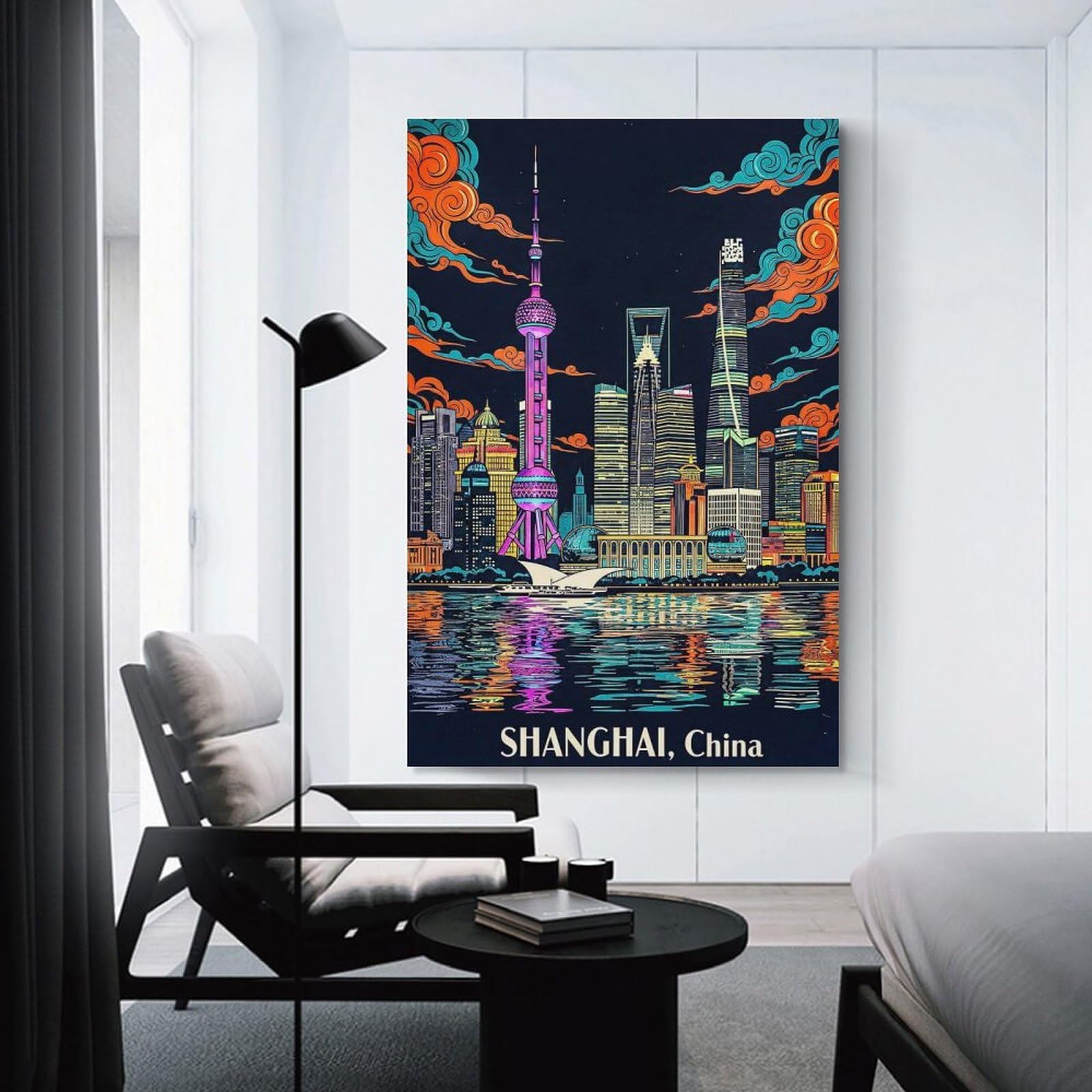 Junmoney Unframe-Style-7 Shanghai Skyline At Night Canvas Wall Art, 24X36inch(60X90cm), For Living Room, Bedroom, Office Or Hallway, Versatile Wall Decor For Many Rooms
