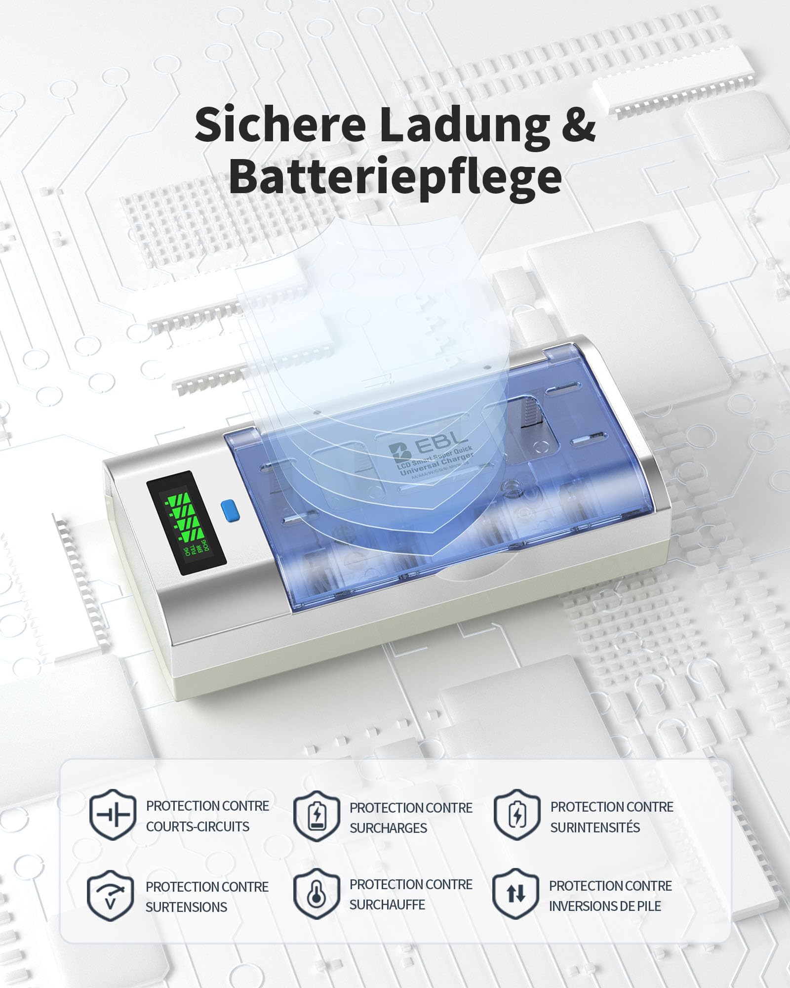 EBL Universel Chargeur de Piles, pour AA/AAA/C/D/9V Piles Rechargeables | 4+2 Slots, Écran LCD, pour AA/HR6, AAA/HR03, C/HR14, D/HR20 et 9V Ni-MH Ni-CD, avec Fonction de Décharge