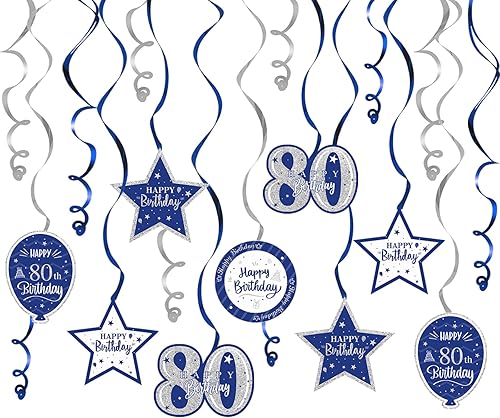 Miniatura 68 de Serpentinas de remolinos de cumpleaños feliz de 16 años con purpurina azul y plateada - Kit de 15 piezas de remolinos colgantes para el kit