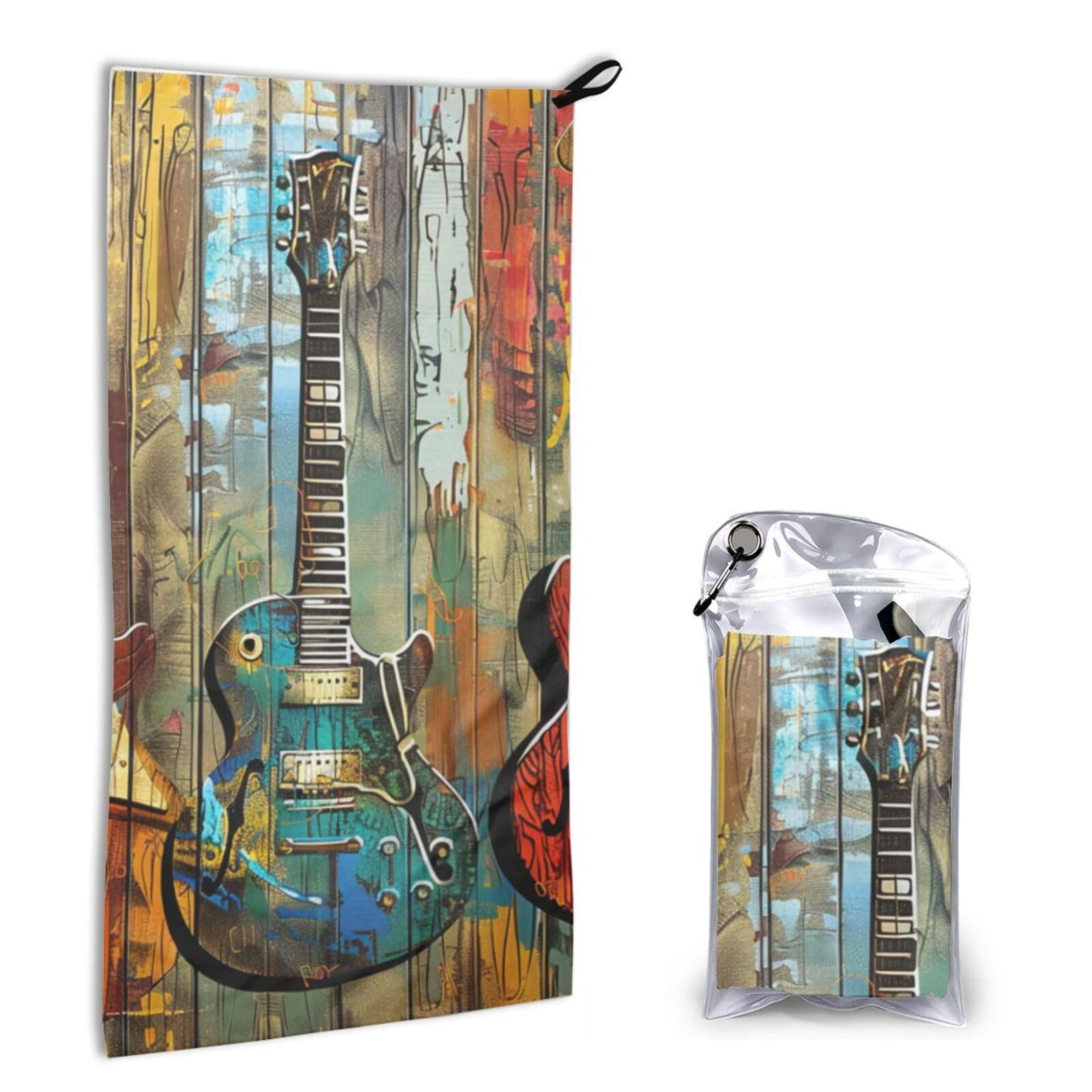 BWWHCCTI Quick Dry Hand Towel With Bag - guitars art Printed Super Absorbent Face Cloth Microfiber Travel Sports Towels 40x80cm