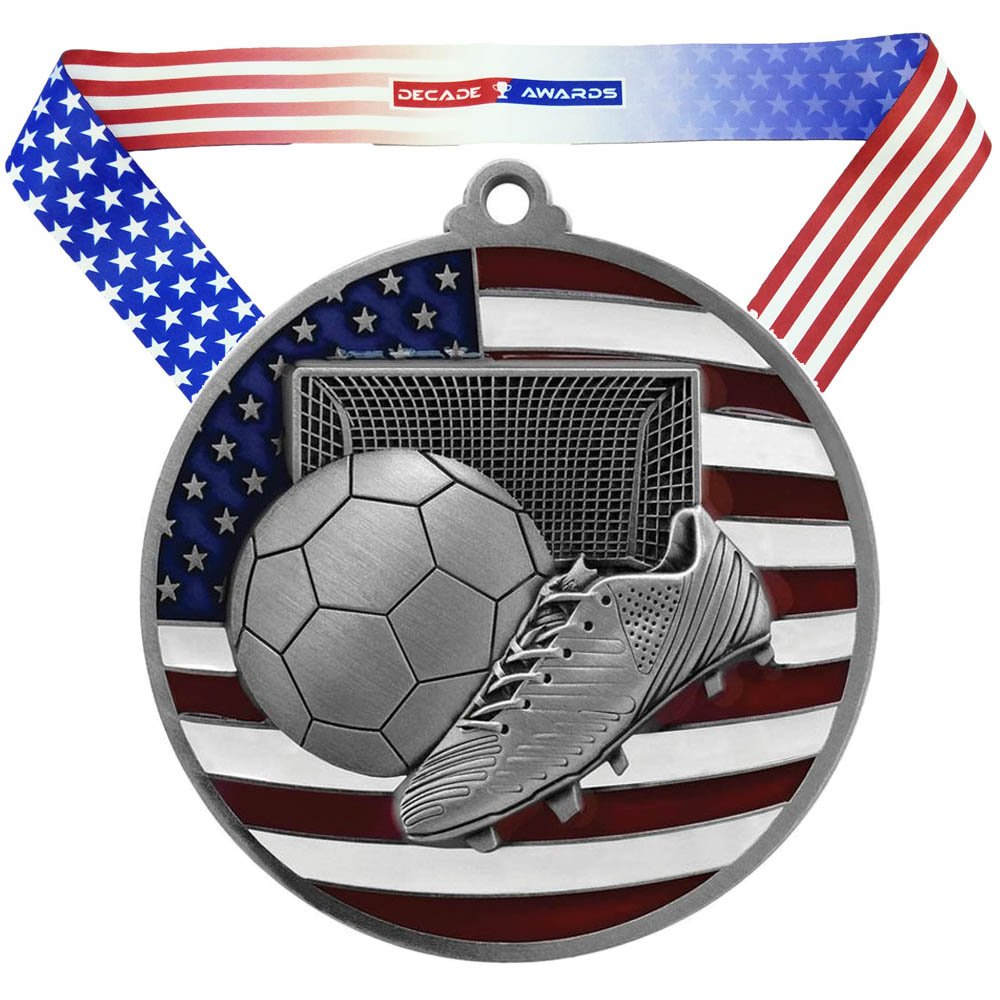 Decade Awards Patriotic Soccer Medal - Custom Engraved Soccer Medal with Stars and Stripes Neck Ribbon - Customize Now (2.75 Inch Wide)