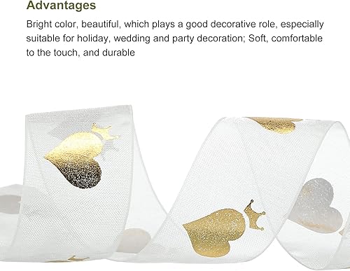 Miniatura 3 de MECCANIXITY Cinta transparente de organza con alambre de resorte de 1 pulgada de ancho, cinta de gasa con estampado de amor, lámina dorada con