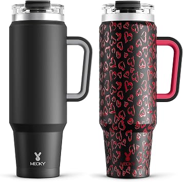 Meoky 40 oz Tumbler with Handle and Straw 2 Pack, Insulated Tumbler with Lid and Straw, Stainless Steel Travel Mug, Keeps Cold for 34 Hours, 100% Leak Proof, Fits in Car Cup Holder Night & Heart