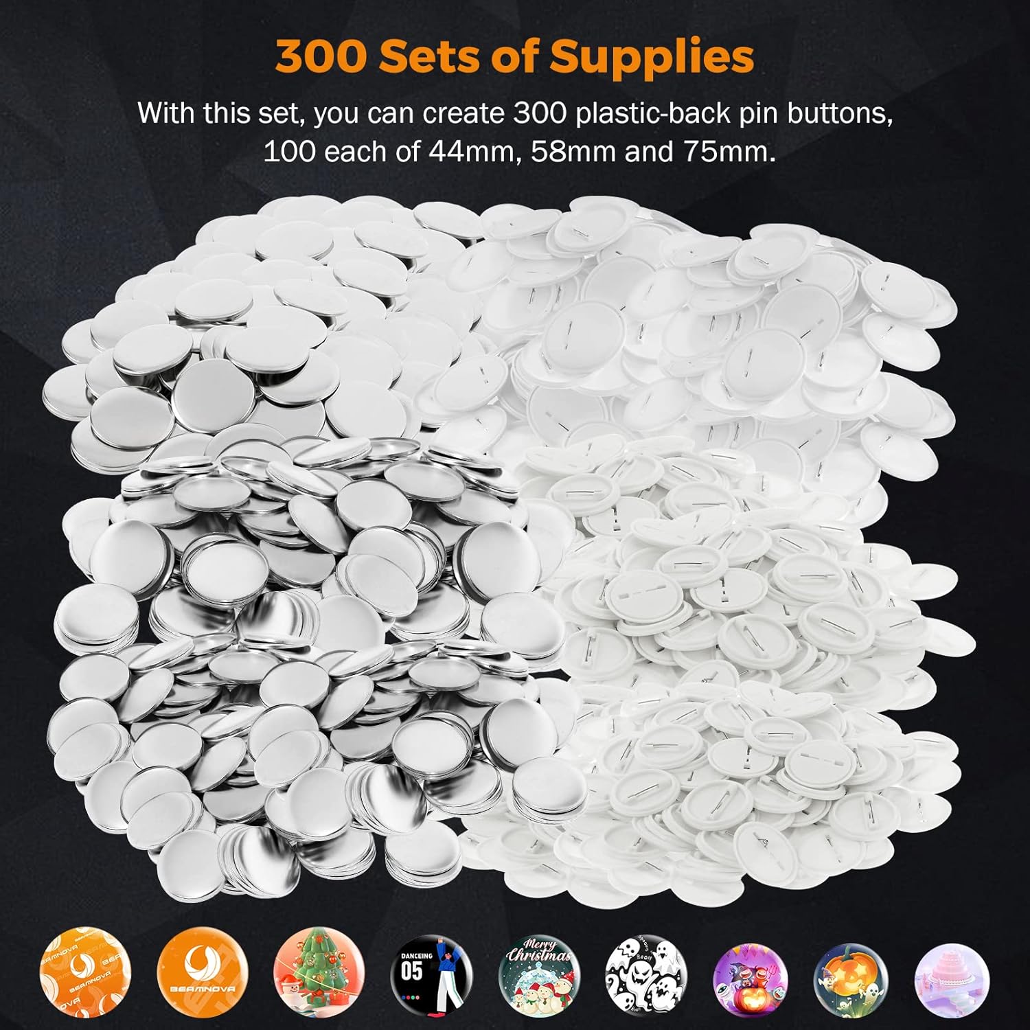 BEAMNOVA Button Maker Machine Multiple Sizes 1.73+2.28+2.95 inch, 44mm 58mm 75mm Sliding Dies, 300 Sets of Button Supplies, Circle Cutter Hand Press Machine Round Pin Badge Maker Kit