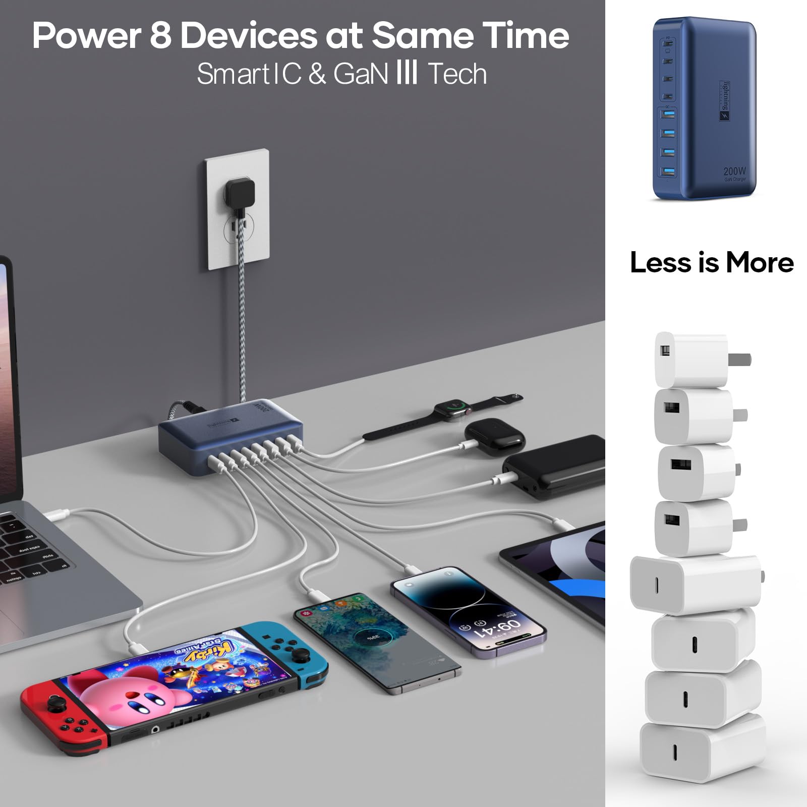 Bloque de cargador rápido USB C de 8 puertos de 200 W con enchufe plano, cable de alimentación trenzado e interruptor de encendido/apagado - Hub de carga USB para iPhone, iPad, MacBook y más,