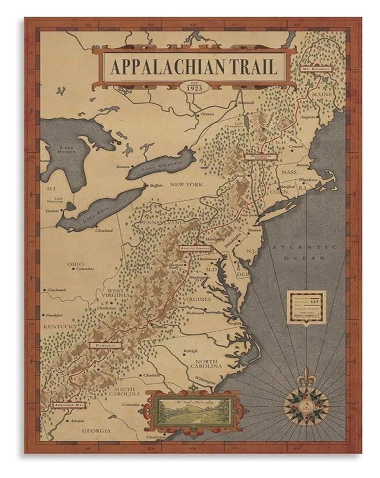 NWPNLXEA Appalachian Trail Adventure Map for Hiking Reference and Rustic Cabin Wall Decor Framed,08x12inch(20x30cm)