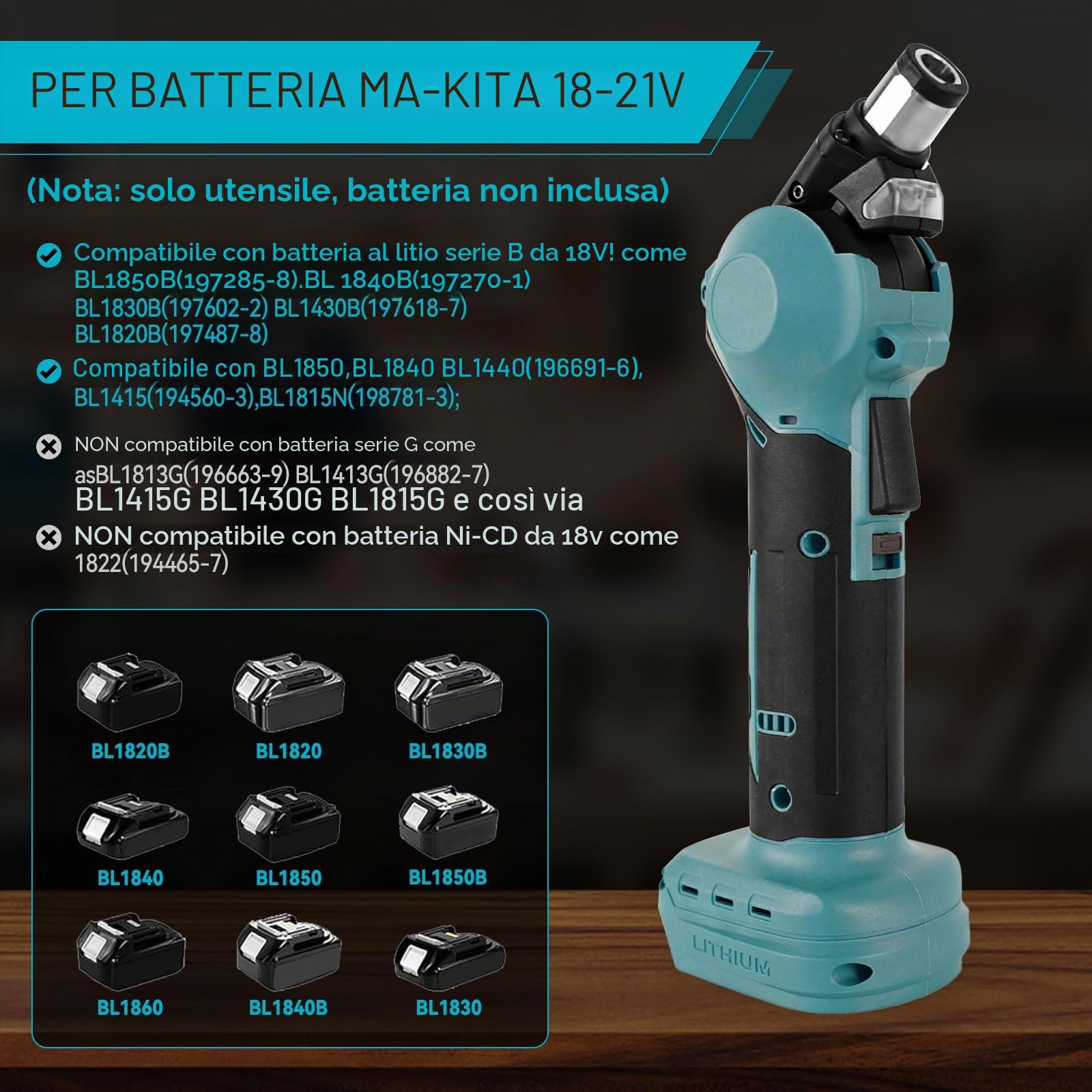 Martello elettrico senza fili per batteria Makita 18V, martello per chiodi elettrico con testa regolabile a 3 posizioni, mandrino magnetico per forare in legno e metalli morbidi (senza batteria)