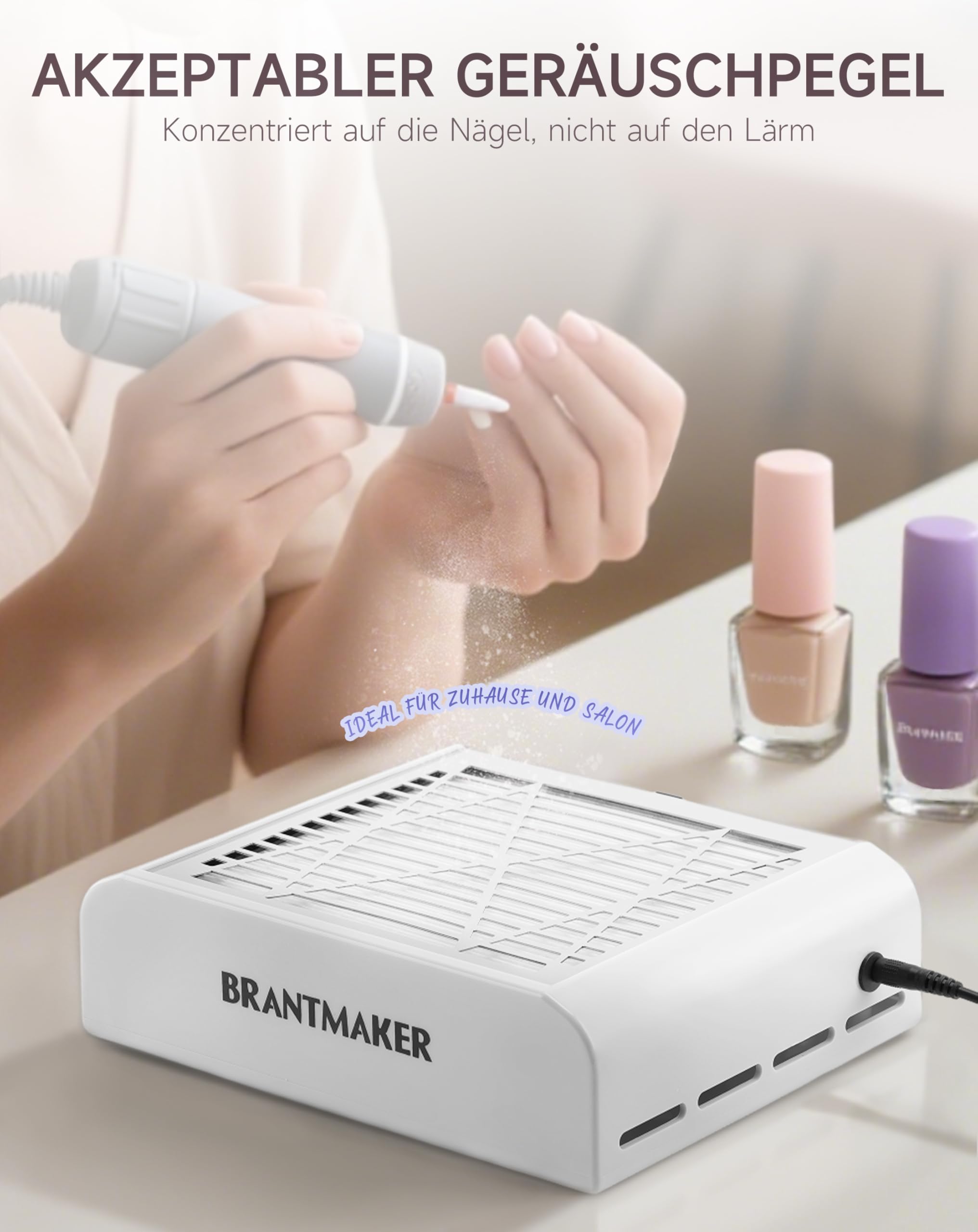 BRANTMAKER Staubabsaugung für nägel, Nagelstaubsauger, Absaugung Nagelstudio mit Bürste und 2 Filter, Nagel Staubsauger für Acrylnägel (Weiß) | Kunststoff, Nagelstaubsauger, Absaugung Nagelstudio, Nagel Staubsauger für Acrylnägel