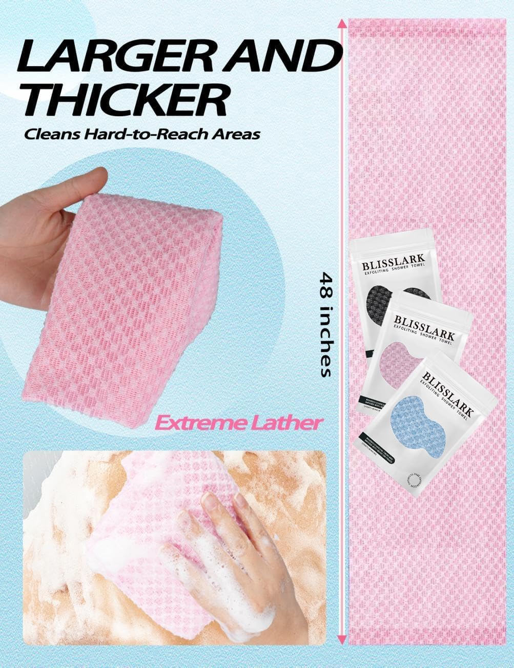 BLISSALRK Exfoliating Shower Towel 48",Premium Scrub Wash Cloth for Body Face, Exfoliating Washcloth for Men and Woman (1, Black+Pink)